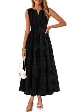 🆕Women Black Maxi Dress for  Casual Sleeveless Boho V Neck Cotton Long Dresses